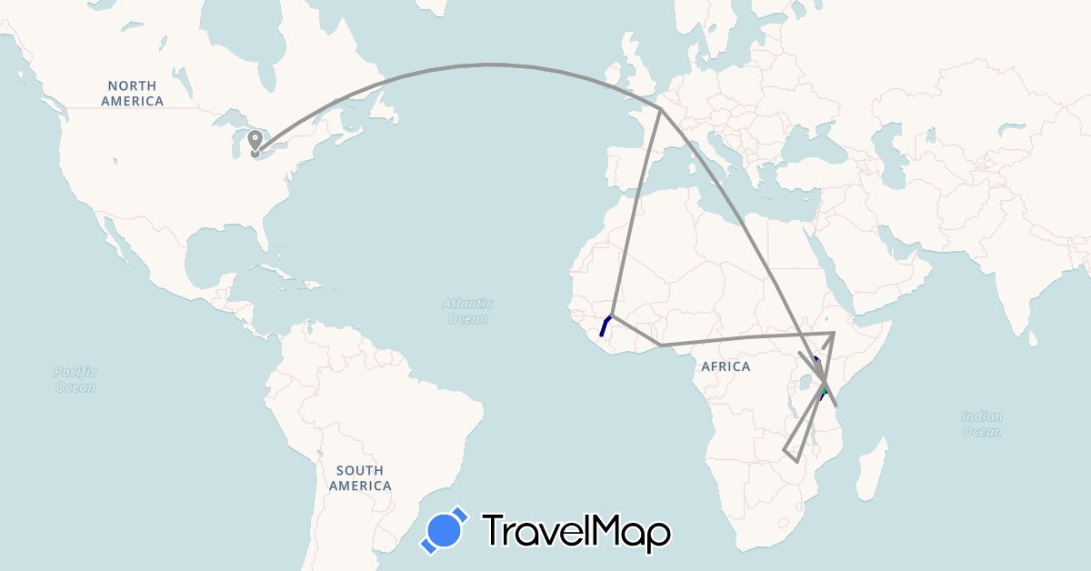 TravelMap itinerary: driving, bus, plane in Benin, Ethiopia, France, Guinea, Kenya, Mali, South Sudan, Tanzania, United States, Zambia, Zimbabwe (Africa, Europe, North America)